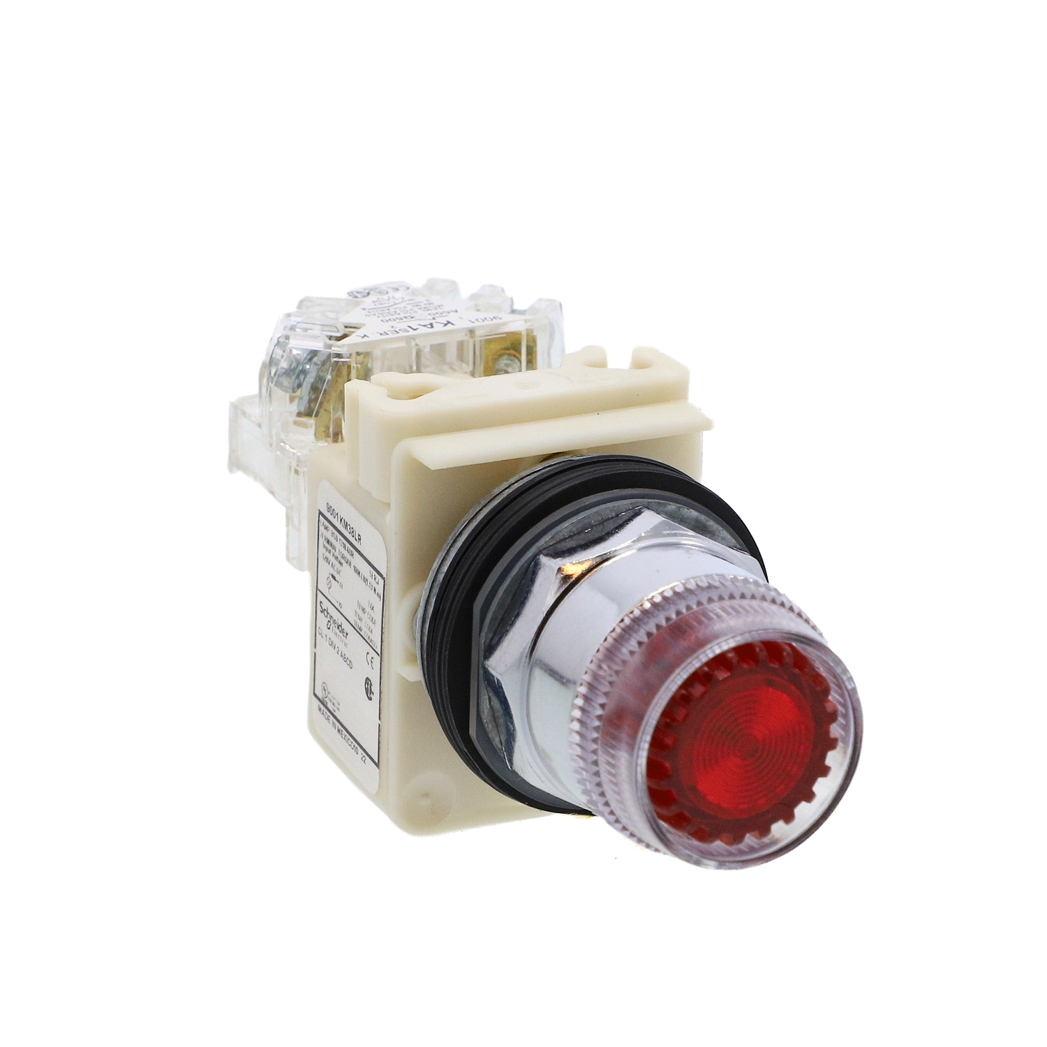 Illuminated push-button, Harmony 9001K, metal, plastic guard flush, red, 30mm, spring return, LED red, 120V, 1 C/O