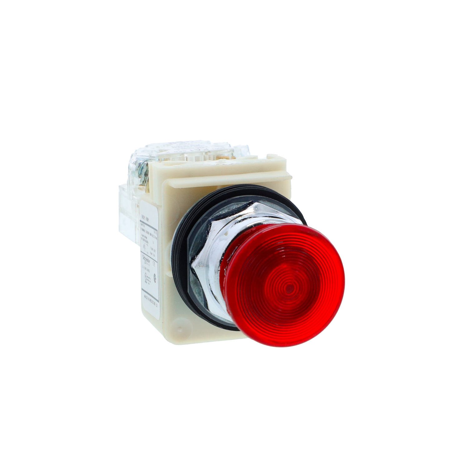 Illuminated push-button, Harmony 9001K, metal, mushroom 35mm, red, 30mm, spring return, 110-120V, 1 C/O