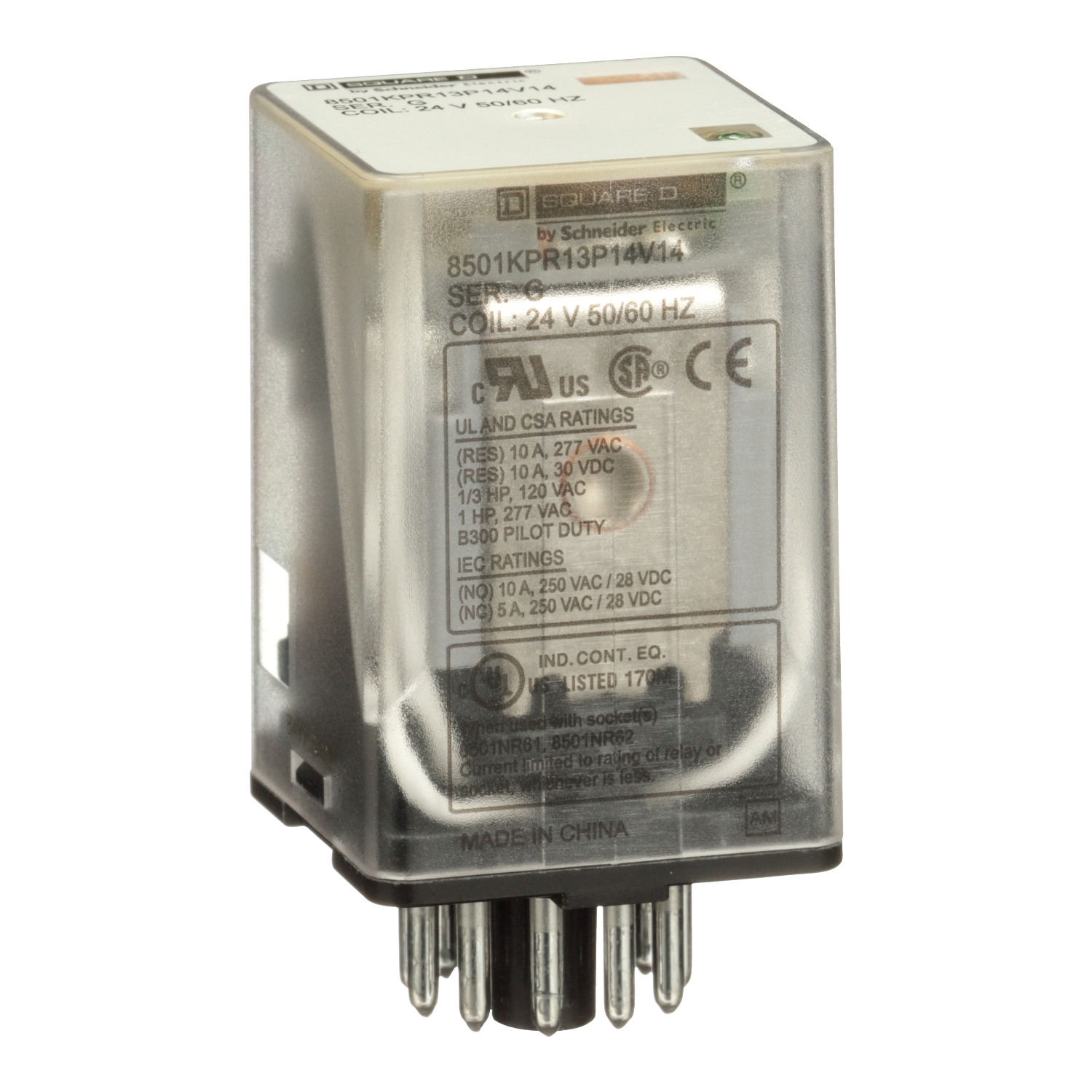 Plug in relay, Type KP, tubular, 1 HP at 277 VAC, 10A resistive at 120 VAC, 11 pin, 3PDT, 3 NO, 3 NC, 24 VAC coil, light