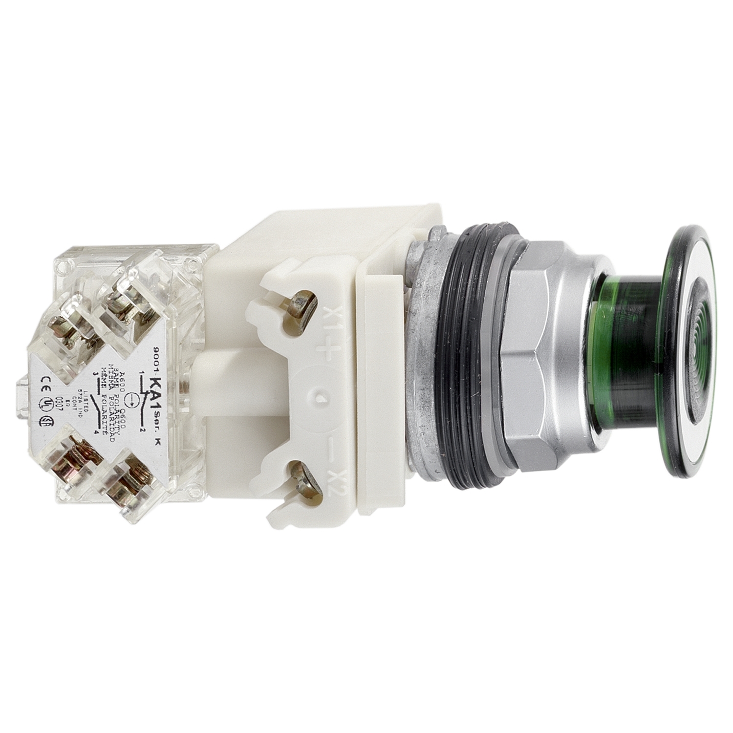 Illuminated push-button head, Harmony 9001K, metal, mushroom 41mm, green, 30mm, 2 positions, push-pull, LED green, 120V