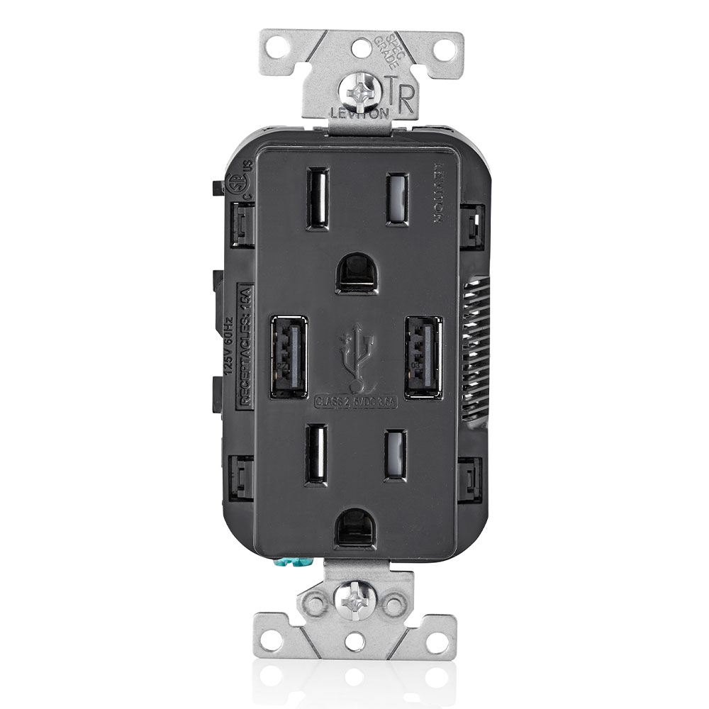 Product image for Leviton T5632-E 15A/125V Combination Duplex Receptacle/Outlet and USB Charger, Black