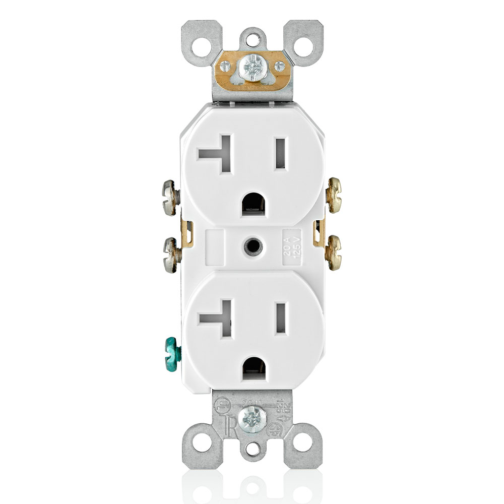 Product image for Leviton T5820-W  20A 125V Tamper-Resistant Duplex Receptacle, Residential Grade, Self-Grounding, Side Wired Only - White
