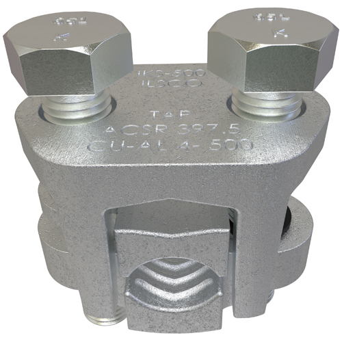 Product image for Ilsco IKS-500 Copper Two-Bolt Split Bolt, Main Conductor Range 500-400, Tap Range 500-4, Tin Plated, UL