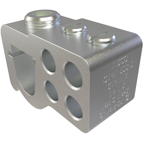 Product image for Ilsco GT4T-500-0-2 Aluminum Multiple Tap Connector, Dual Rated, Main Conductor Range 500-350, Tap Range 1/0-12 AL, 1/0-14 CU, 4 Parallel Taps, Tin Plated, UL, CSA