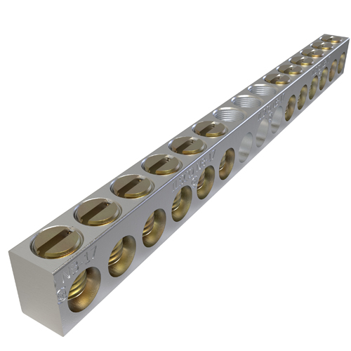 Product image for Ilsco NBAS-012-1-B Aluminum Neutral Bar, Dual Rated, Conductor Range 4-14, 12 Ports, 1 Hole, #10 Bolt, Headless Slot Drive, UL, CSA