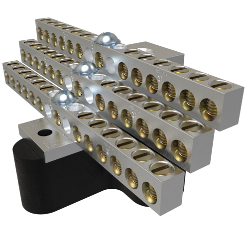 Product image for Ilsco NB-350-36-W/R16 Aluminum Neutral Bar, Dual Rated, Main Conductor Range 350-6, Tap Range 4-14, 36 Tap Ports, 2 Holes, #10-32 Bolt, Tin Plated, UL, CSA, Includes R-16 Mounting Block