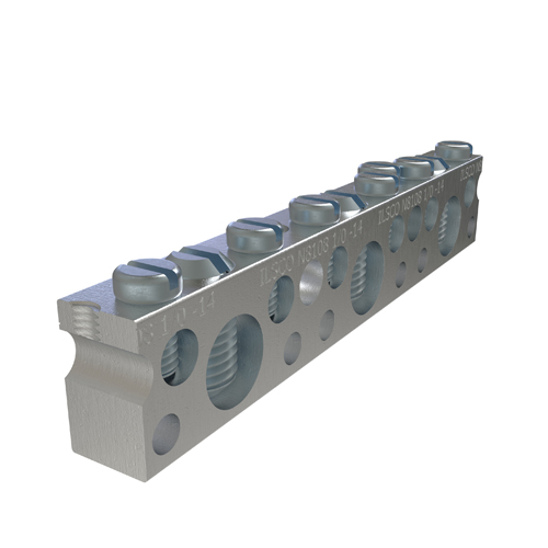Product image for Ilsco NBAE-0307-1 Aluminum Neutral Bar, Extended Conductor, 3 Large Circuits / 7 Small Circuits. Conductor Range: #6-#14 and 1/0-#14