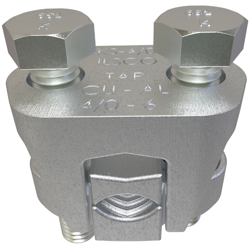 Product image for Ilsco IKS-4/0 Copper Two-Bolt Split Bolt, Main Conductor Range 4/0-1/0, Tap Range 4/0-6, Tin Plated, UL