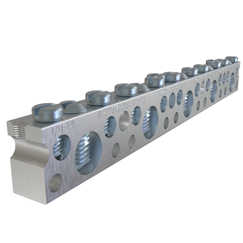Product image for Ilsco NBAE-0512-2 Aluminum Neutral Bar, Extended Conductor, 5 Large Circuits / 12 Small Circuits. Conductor Range: #6-#14 and 1/0-#14