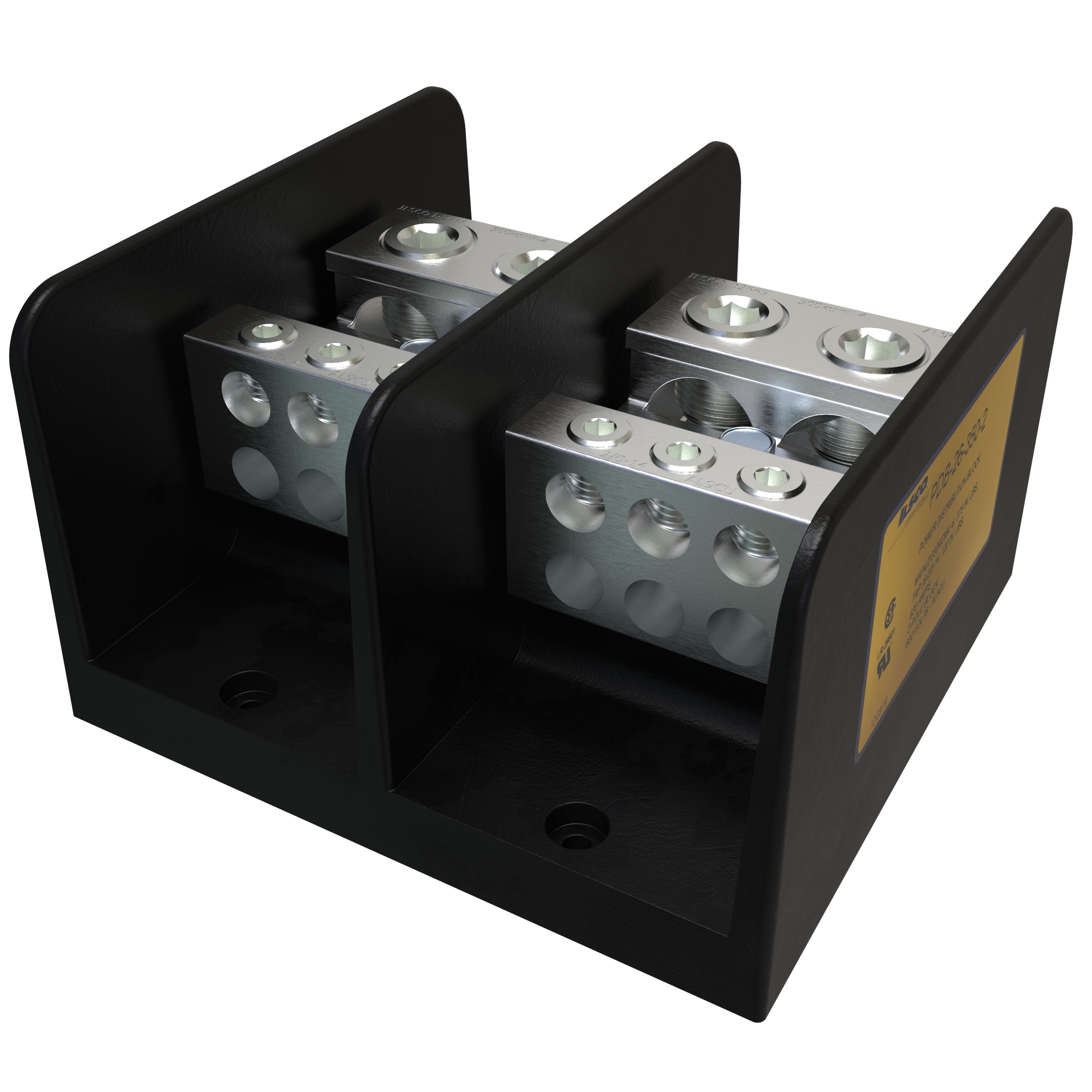 Product image for Ilsco PDB-26-500-2 Power Distribution Block, Dual Rated, Line Conductor Range 500-4, Load Range 2/0-14, 2 Ports Per Pole Line Side, 6 Ports Per Pole Load Side, 2 Pole, UL, CSA