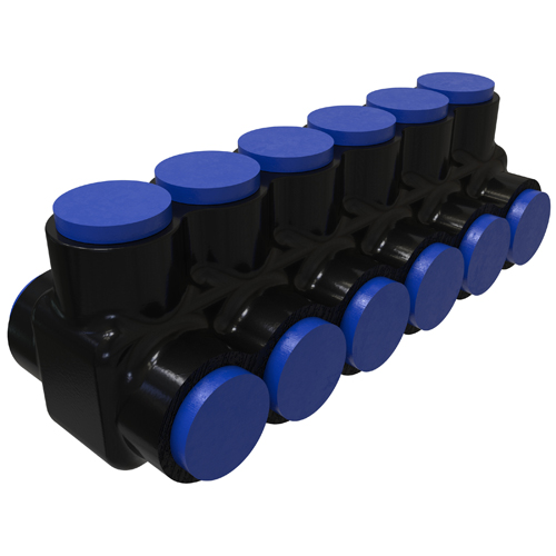 Product image for ILSCO PBTD-6-250-F 5.75 x 2.13 x 2.17 Inch Black Cover Blue Cap Plastisol 2-Sided Flexible Multi-Tap Connector