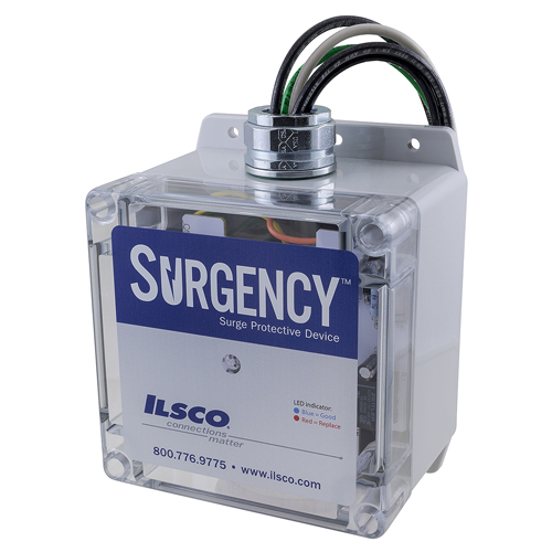 Product image for Ilsco SE-050-3Y1X-A Surgency Surge Protection, Service Entrance, Lead Wire Size 10, 3 Phase, Wye System, 50kA Surge Current, 208Y/120 V, Indicator LED, UL, CSA