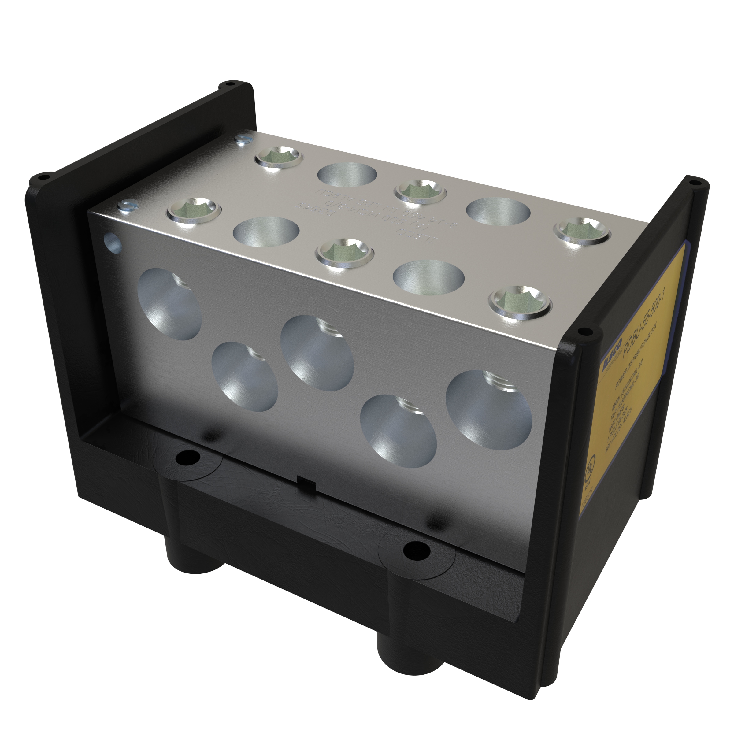 Product image for Ilsco PDBU-55-500-1 Power Distribution Block, Dual Rated, Line Conductor Range 500-3/0, Load Range 500-3/0, 5 Ports Per Pole Line Side, 5 Ports Per Pole Load Side, 1 Pole, UL, CSA