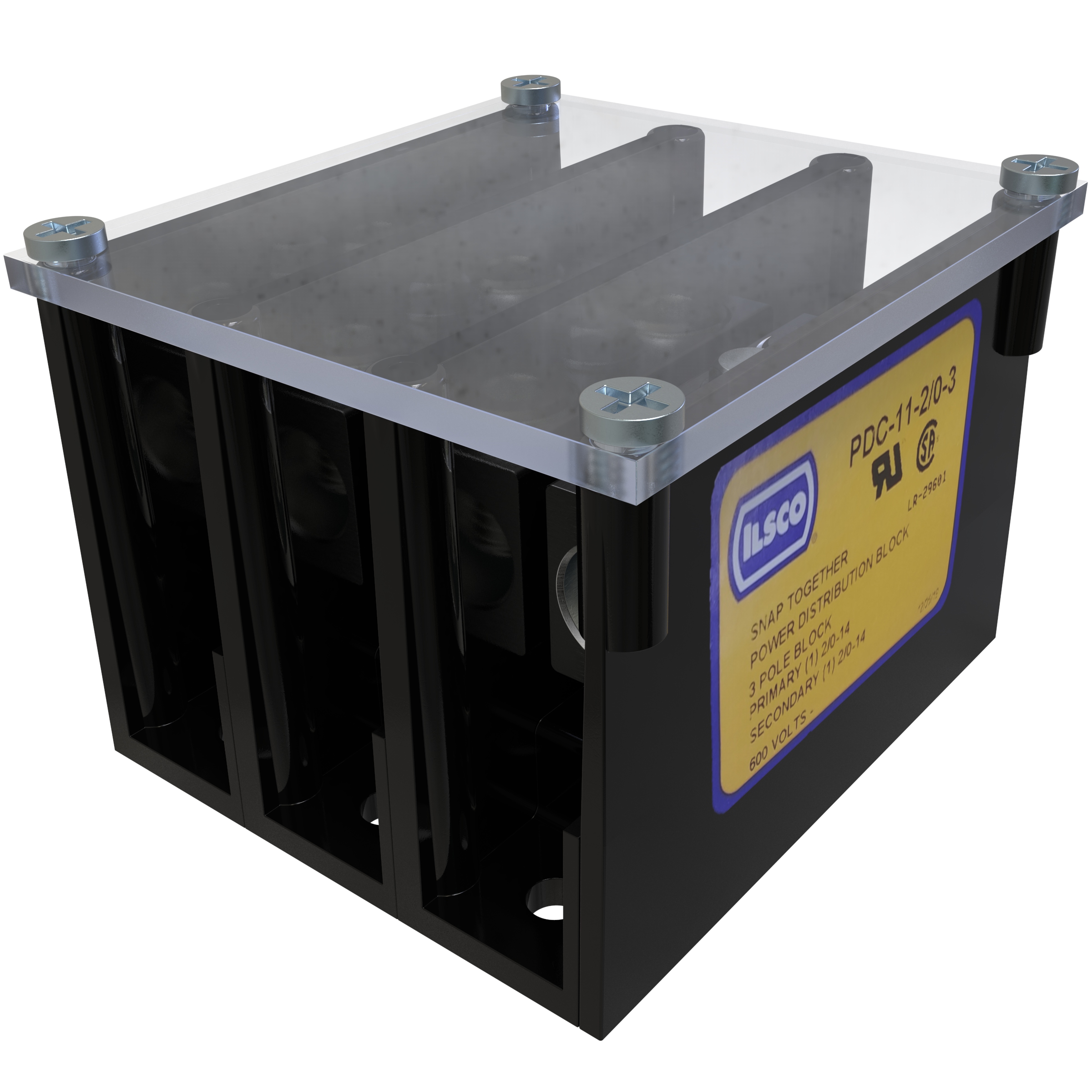 Product image for Ilsco PDC-11-2/0-3 Power Distribution Block, Modular Design, Dual Rated, Line Conductor Range 2/0-14, Load Range 2/0-14, 1 Port Per Pole Line Side, 1 Port Per Pole Load Side, 3 Pole, UL, CSA