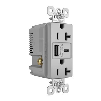 Pass & Seymour TR20USBAC6GRY 20A 125V Tamper-Resistant Duplex Receptacle with USB A/C Fast Charging Ports, Gray