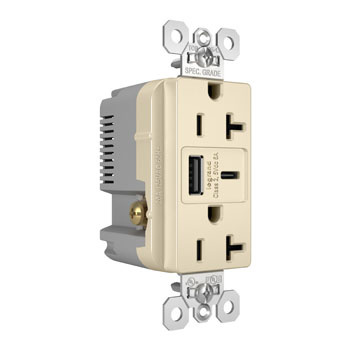 Pass & Seymour TR20USBAC6LA 20A 125V Tamper-Resistant Duplex Receptacle with USB A/C Fast Charging Ports, Light Almond