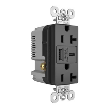 Pass & Seymour TR20USBAC6BK 20A 125V Tamper-Resistant Duplex Receptacle with USB A/C Fast Charging Ports, Black