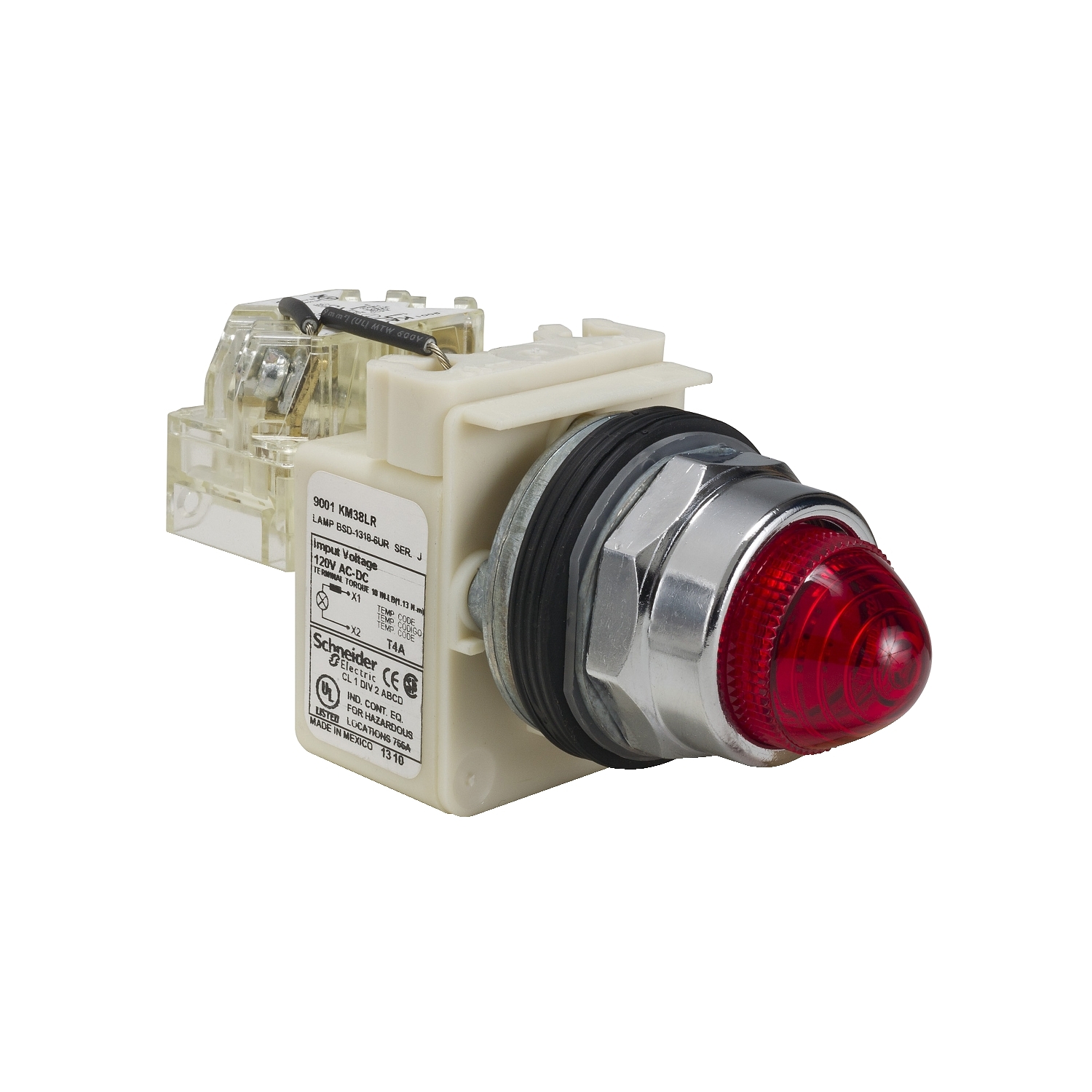 Push-to-test pilot light, Harmony 9001K, metal, polycarbonate, domed, red, 30mm, LED red, 120V