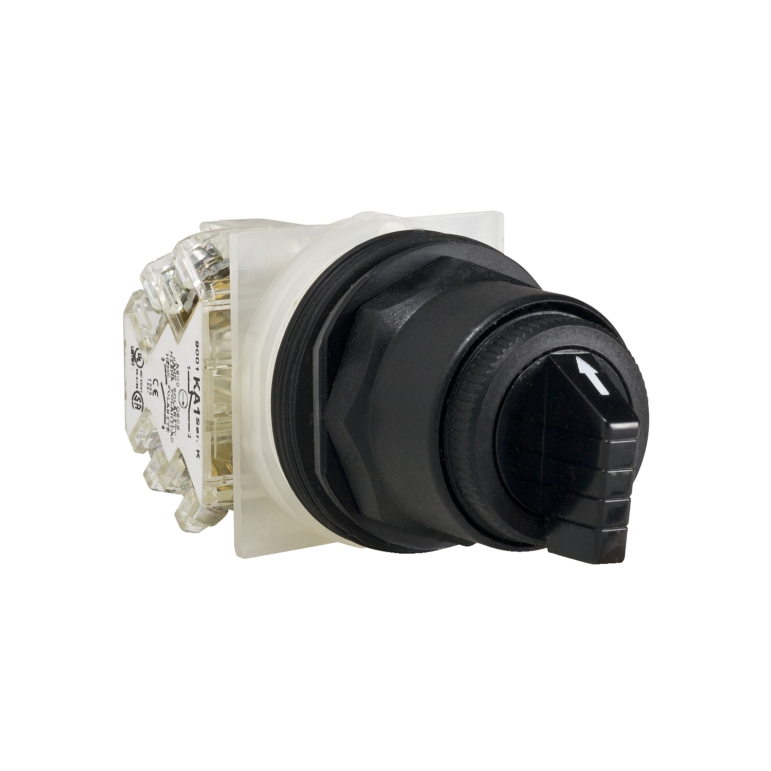 30mm push button, Type SK, 3 position selector switch, 6A inductive at 120VAC, 2NO/2NC contacts, black knob, NEMA 4, 4X