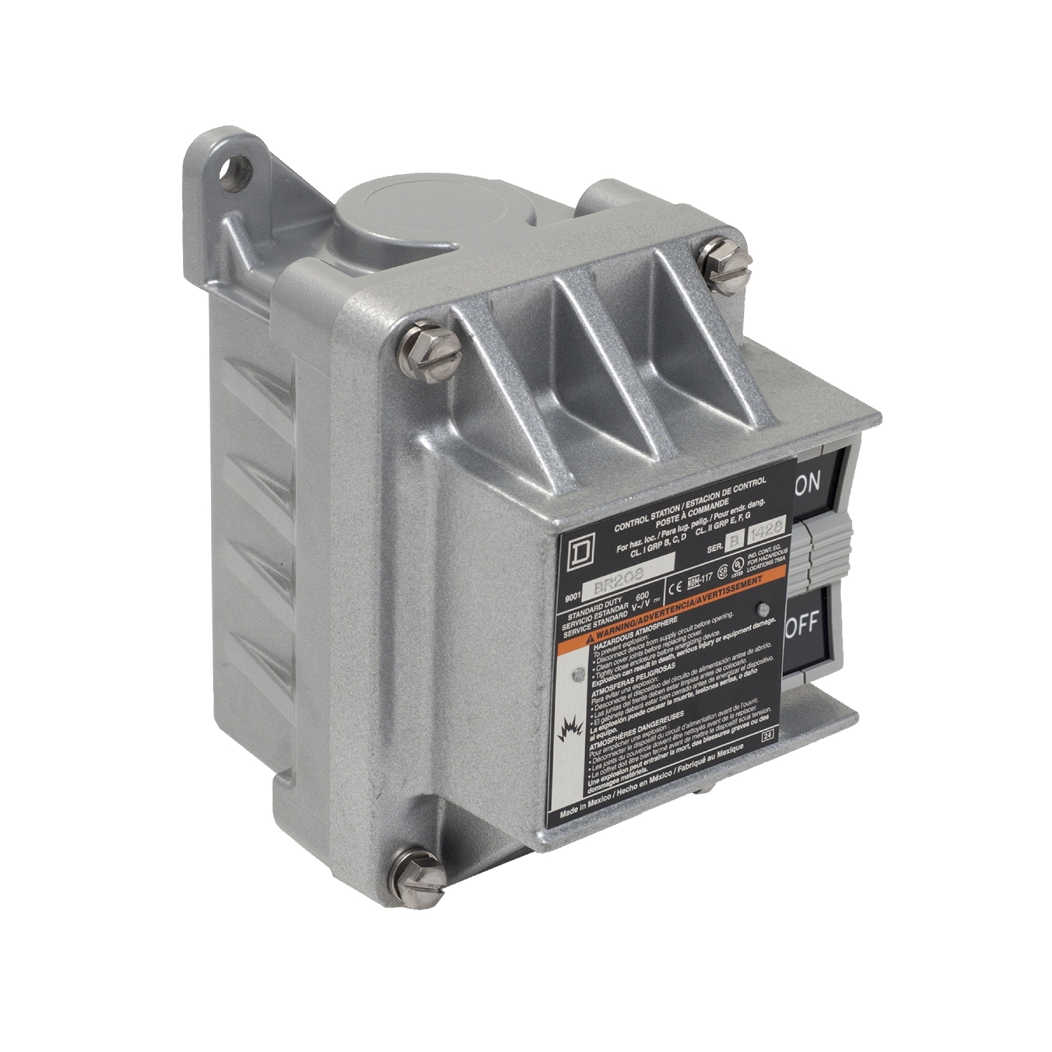 Complete control station, Harmony 9001B, 2 push buttons ON/OFF, Maintained Contact, 5A, 600V AC, 2NO, NEMA 7/9