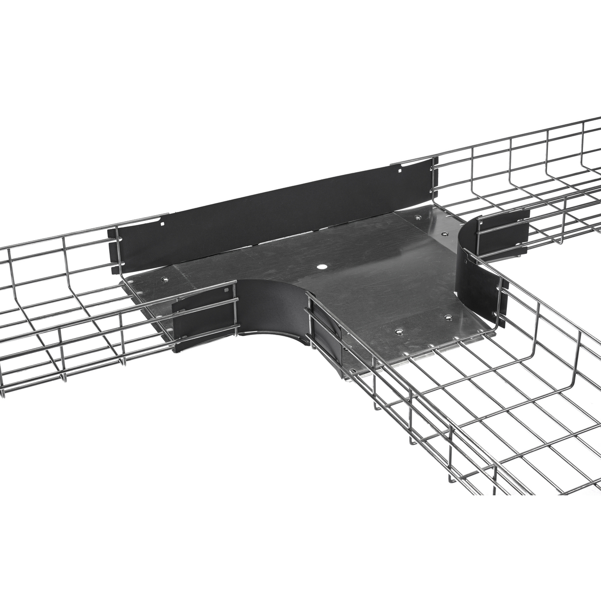 Product image for Hubbell HBTT0418BK Wire Basket Cable Tray, Preformed Tee Fitting, 4" Tray Height, 18" Width, Black Base, Polymer Side Walls
