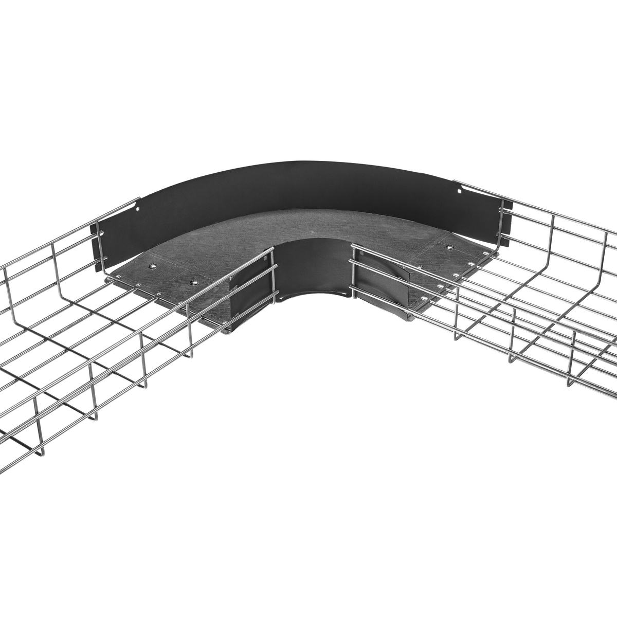 Product image for Hubbell HBTR0418BK Wire Basket Cable Tray, Preformed 90deg Fitting, 4" Tray Height, 18" Width, Black Base, Polymer Side Walls
